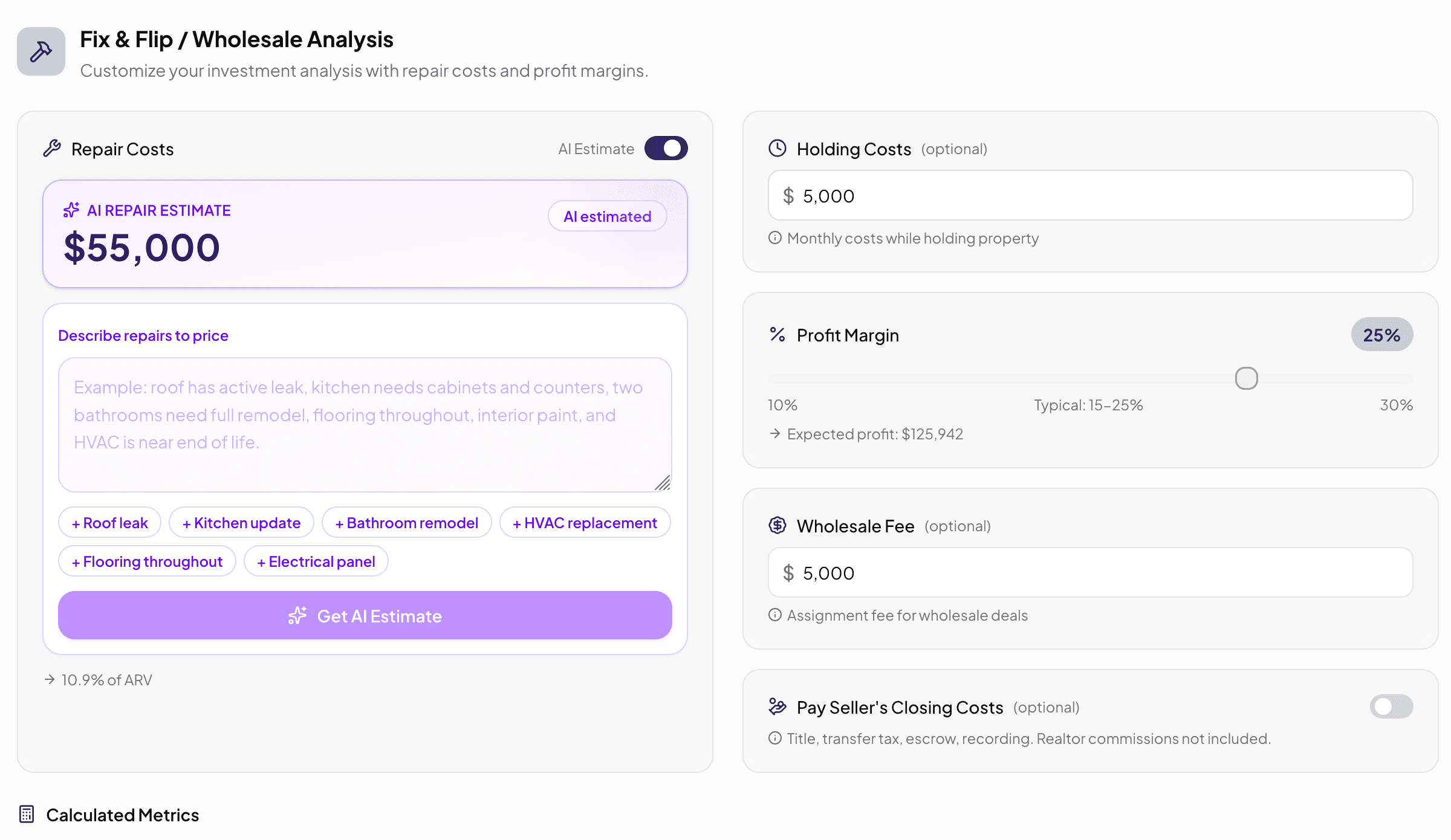 Fix and flip wholesale analysis with AI repair cost estimates